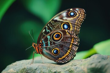 A colorful butterfly resting on a rock with vibrant markings