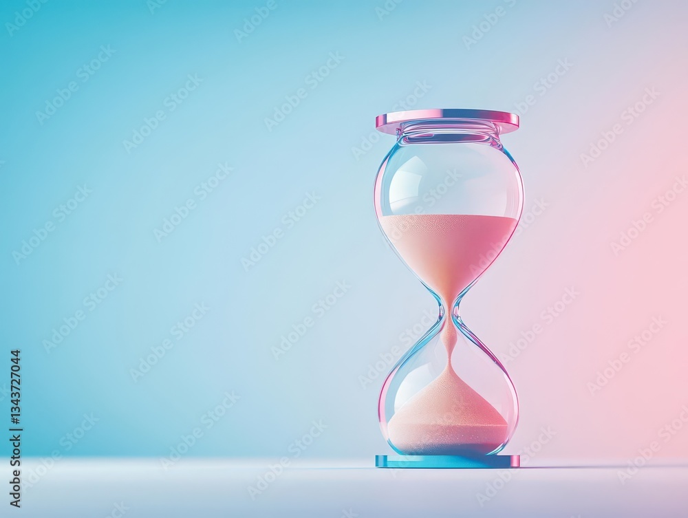 Poster endless cycle of time represented by hourglass with fine sand flowing gracefully in a dimly lit room