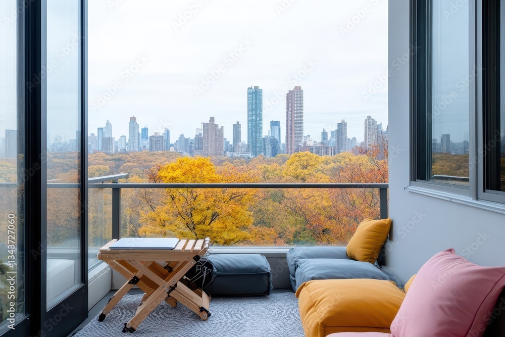 Aufkleber charming balcony setting with cozy couch and elegant table surrounded by lush greenery creating a re