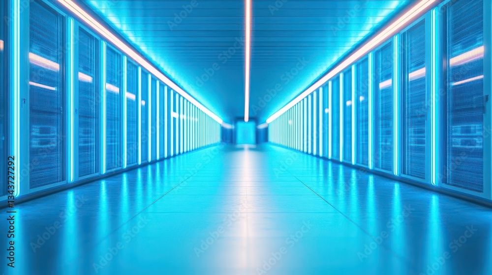 Poster a long corridor filled with rows of servers illuminated by soft blue lights creating a high-tech atm