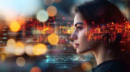 Woman profile with data visualization overlayed creating a future concept