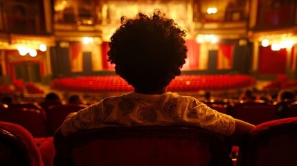 Obraz premium A person with curly hair sits in a theater seat, facing the stage. Warm lighting illuminates the red velvet seats and the ornate stage backdrop. The audience is partially visible. 