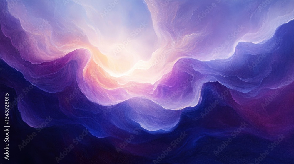 Poster soft undulating forms in pearlescent white and deep violet glowing with an iridescent gradient again