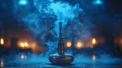 A small silver candle is lit in a room with blue lighting
