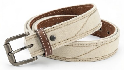Off-White Leather Belt with Brown Stitching and Metal Buckle