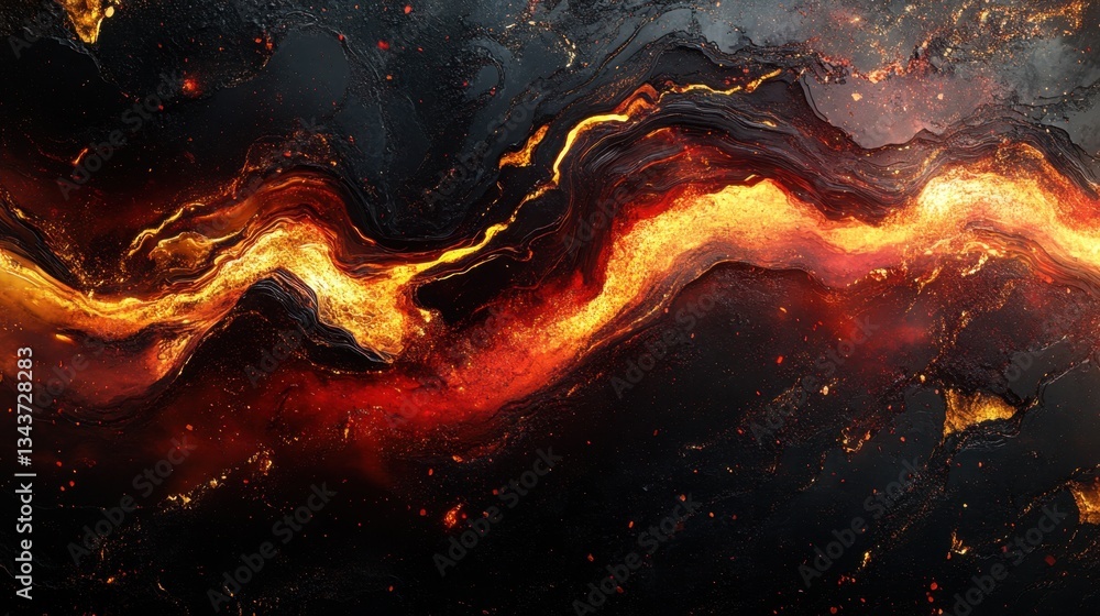 Poster molten gold and deep ruby flowing waves shifting into amorphous shapes, glowing against a dark metal
