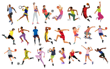 Collection of Sport people doing various activities. Colorful flat vector illustrations isolated on transparent background