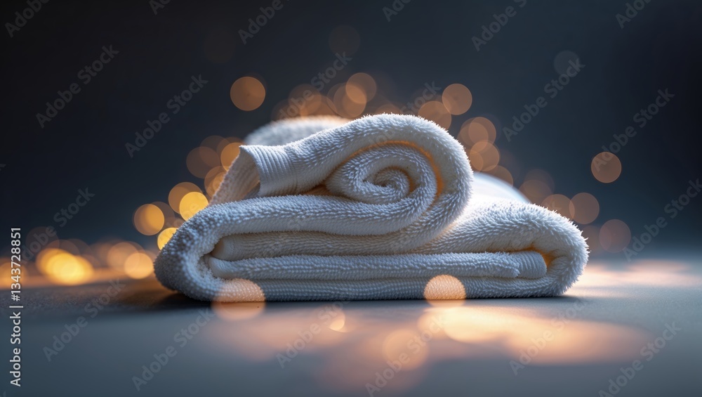 Poster soft white towel perfectly rolled and illuminated with warm bokeh lights in serene setting near end 