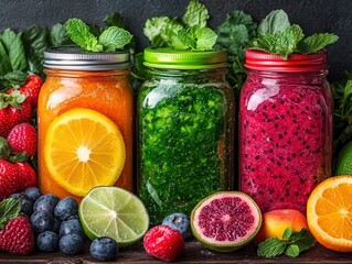 Fresh Citrus Juices: Lemon, Lime, and Orange Bottles on Wooden Table