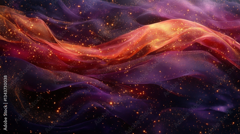 Poster rich plum and ruby red glowing ribbons with golden sparkles and a soft-focus fantasy mist on a velve