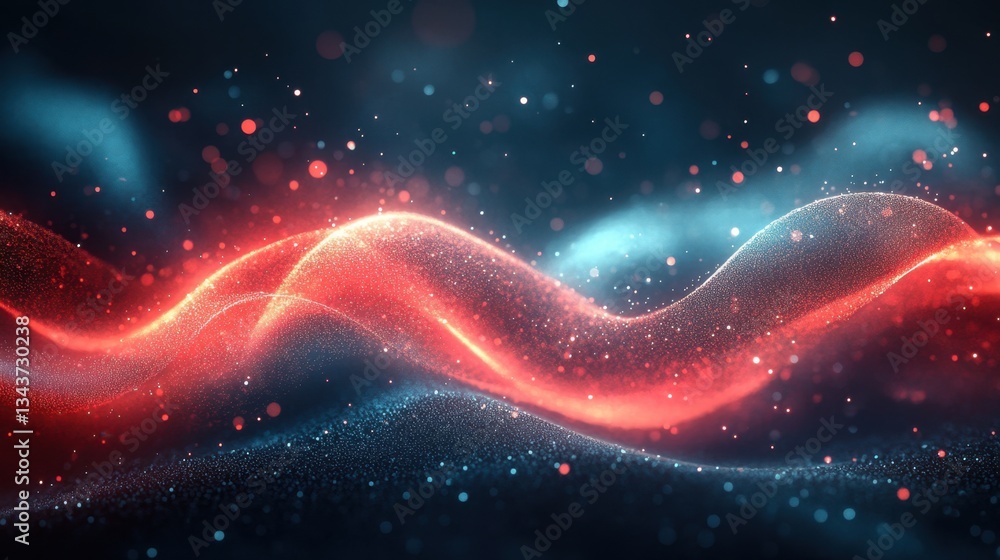 Poster soft abstract crimson red light waves with teal blue highlights and a shimmering bokeh effect on a d