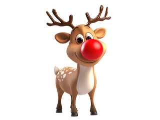 Obraz premium Cartoon reindeer with a bright red nose standing on a white background looking cheerful and happy, Isolated on white transparent background