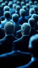Fototapeta premium Dark blue toned image of the backs of many heads in a large audience, most with short gray hair. The focus is on the two closest heads. 