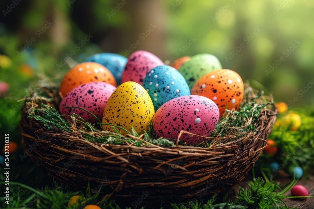 Poster easter chaos captured in an image with oranges and apples as key fruits. colorful and festive scene 