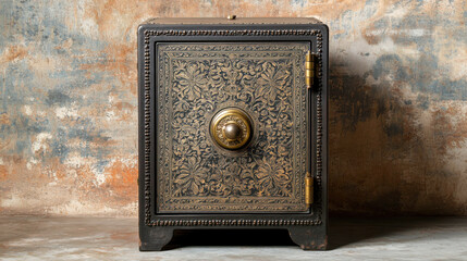 Intricate bank safe featuring detailed engravings against a textured wall in an old setting showcasing historical craftsmanship