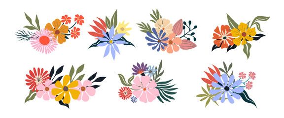 Set of different beautiful bouquets with garden and wild flowers. Collection of various blooming plants with stems and leaves. Cartoon colorful vector illustrations isolated on transparent background