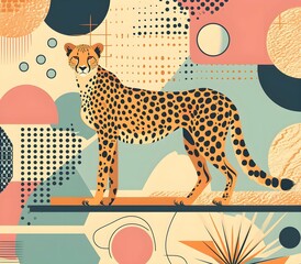 Modern style poster with cheetah , The animal is set against a background of abstract forms and pastel 