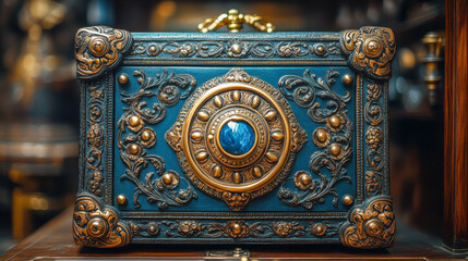 Intricate bank safe featuring detailed engravings against a textured wall in an old setting showcasing historical craftsmanship