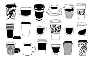 Set of different coffee cups. Hand drawn line doodle style cafe illustrations, black line icons, cafe logo, take out cup and various coffee sorts. Monochrome vector sketch drawing collection isolated.