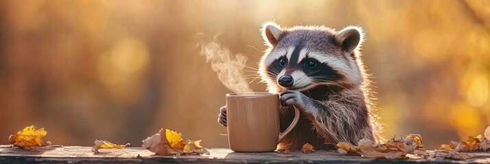 Fototapeta premium Raccoon enjoying morning coffee in a cozy, autumn setting with vibrant foliage