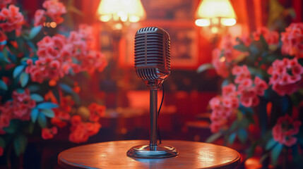 Vintage microphone with chrome finish is prominently displayed on a table at a lively music venue during an evening performance