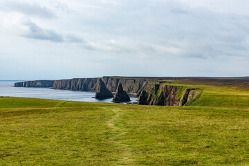 Duncansby Stacks, a breathtaking coastal wonder in Scotland, rise from the North Sea. Standing atop...