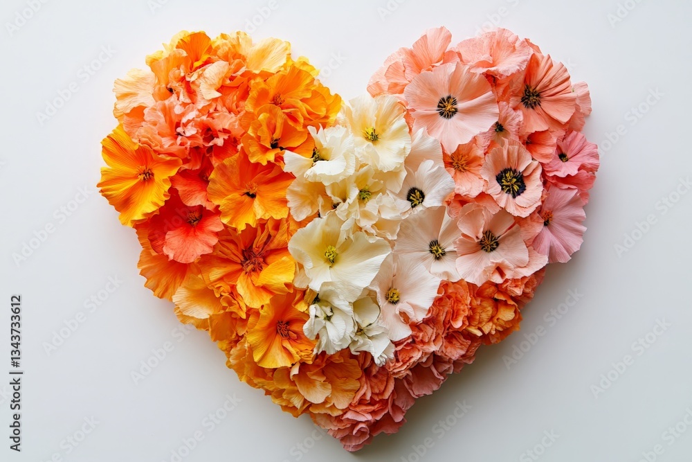 Poster vibrant heart shape created with an assortment of colorful flowers on a white background