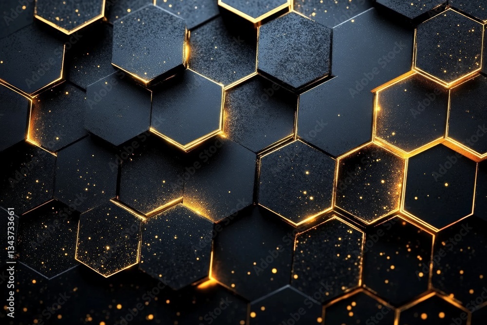 Poster Wall design featuring black and gold hexagonal patterns with subtle sparkles in a modern interior setting
