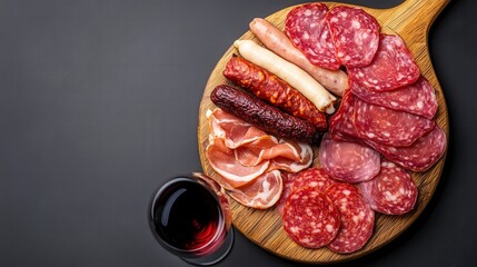 Overhead shot of a rustic wooden board with an assortment of cured meats and sausages, accompanied by a glass of red wine on a dark background.