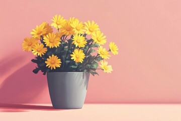 Bright yellow daisies in a gray pot on a soft pink background, symbolizing freshness and vibrancy in spring decor, perfect for home and office settings