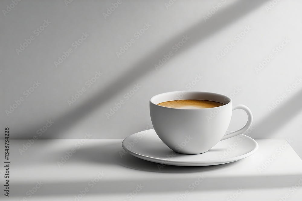 Poster warm coffee in a simple white cup on a minimalistic table with shadows playing on the surface