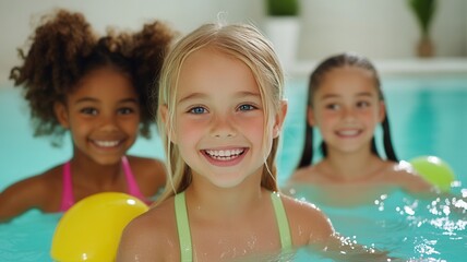 Group of diverse children enjoying their time together, playing sunny and in a swimming pool during a smiling day