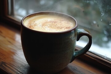 Obraz premium Warm cup of spiced beverage resting on a wooden windowsill during a chilly day