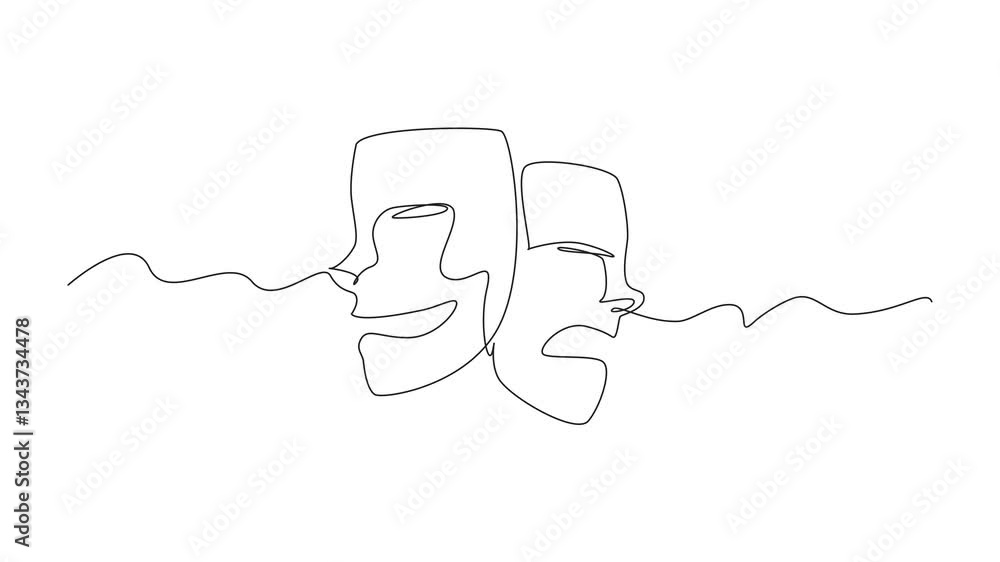 Poster animation of continuous one line drawing of two theater masks with different expressions. role-playi