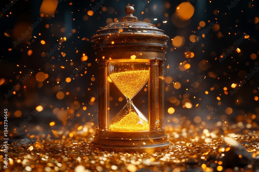 Poster mystical hourglass surrounded by golden sparkles emits magical vibes in a dimly lit environment