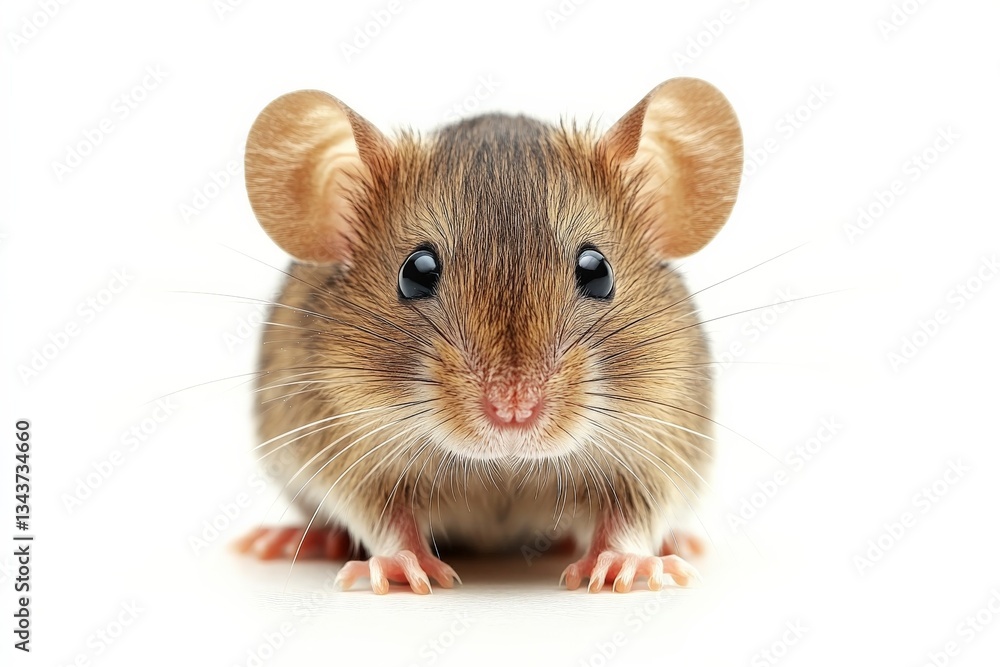 Poster cute small mouse with large ears sits calmly against a white background, showcasing its whiskers and