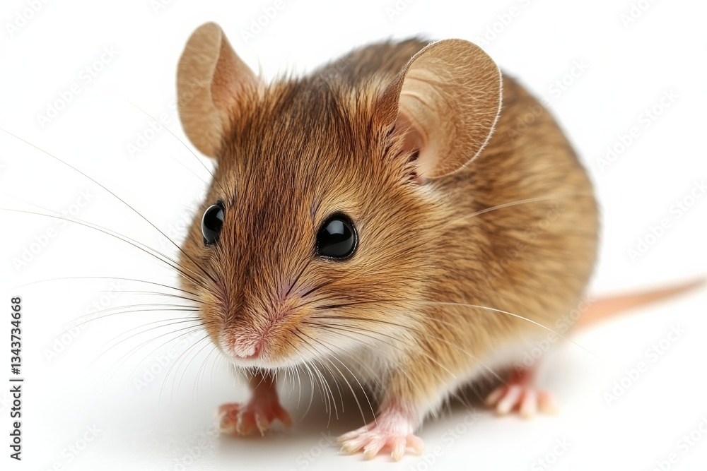 Aufkleber Small brown mouse with large ears and bright eyes stands on a white surface in a close-up view