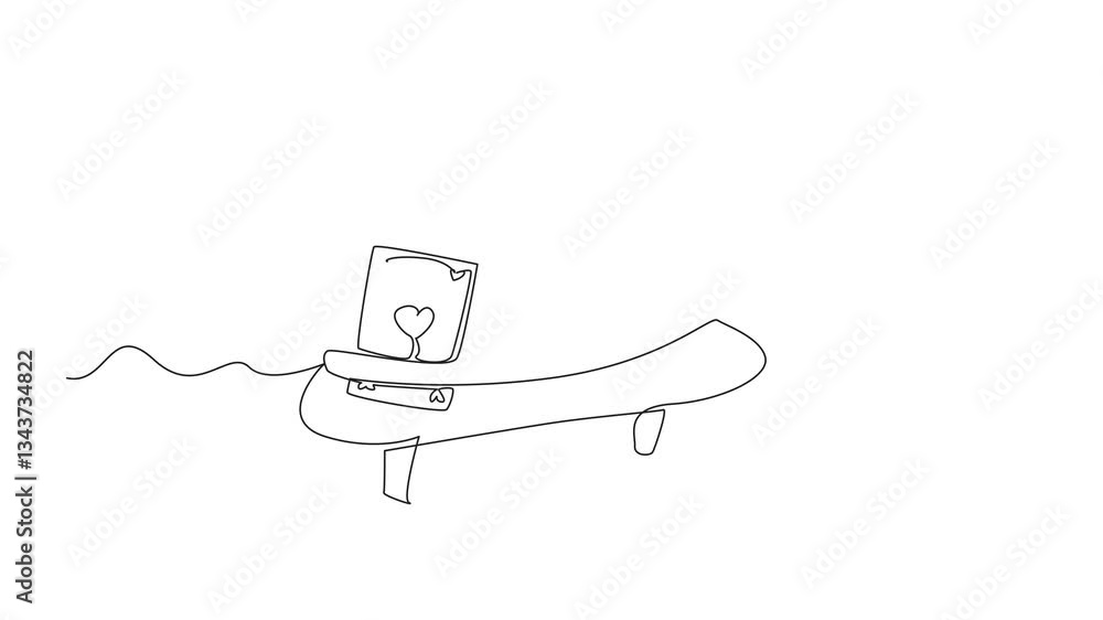 Poster animation of a single one line drawing army helmet with the ace of hearts attached to the helmet. wa