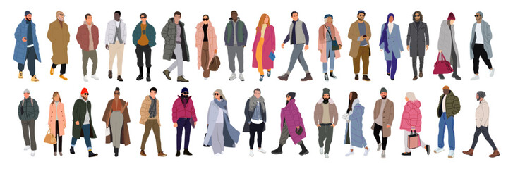 Fototapeta premium Bundle of modern people wearing Street fashion autumn, winter warm clothes. Men and women in trendy outwear standing and walking. Cartoon characters vector illustration on transparent background.