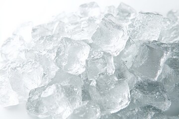 Obraz premium Clear ice cubes piled together on a white surface for cooling beverages or other uses in a kitchen or bar setting