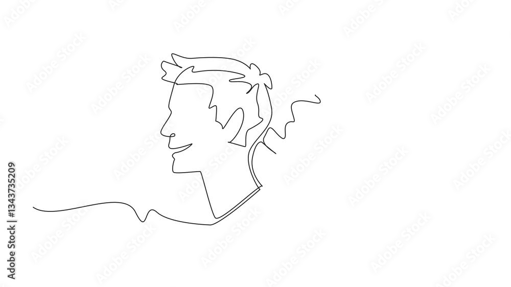Poster self drawing animation of single one line drawing two heads with different responses. smiling and an