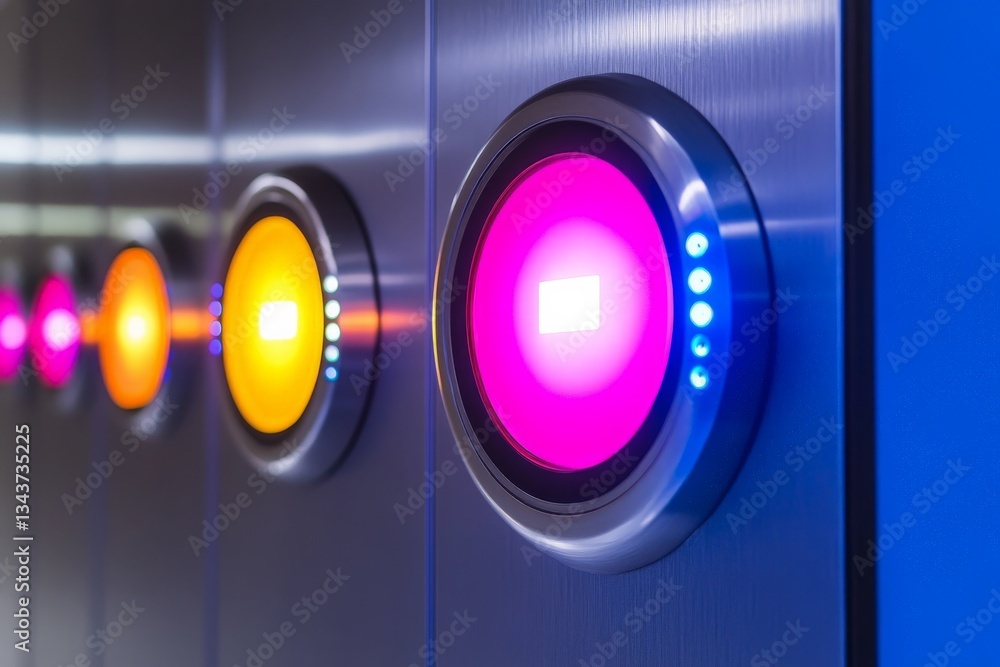 Aufkleber colorful illuminated buttons on a sleek control panel in a modern electronic setup at night