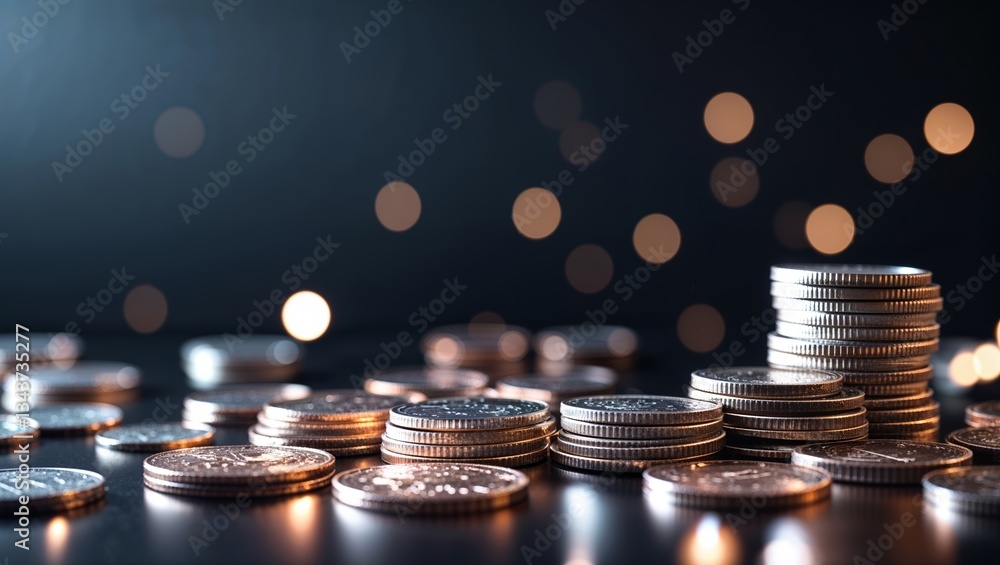 Poster stacks of coins shimmering under soft lights create a sense of wealth and prosperity in a dark setti