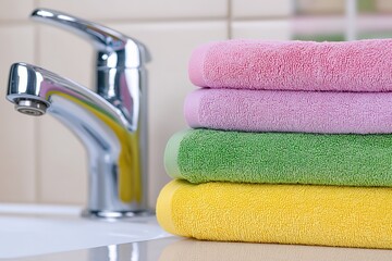 Colorful Stack of Bath Towels Near Chrome Faucet