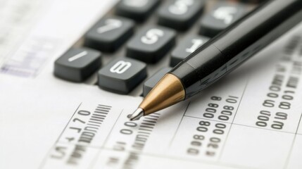 Close-up of a black pen resting on financial documents with a calculator in the background, symbolizing budgeting