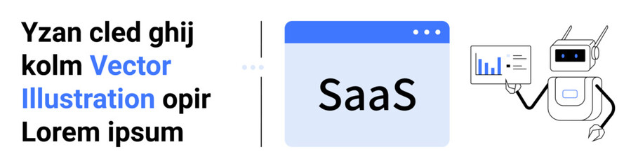 Robot holding analytical graph beside SaaS concept in browser window. Ideal for technology, automation, software, data analysis, SaaS solutions, innovation, simple landing page