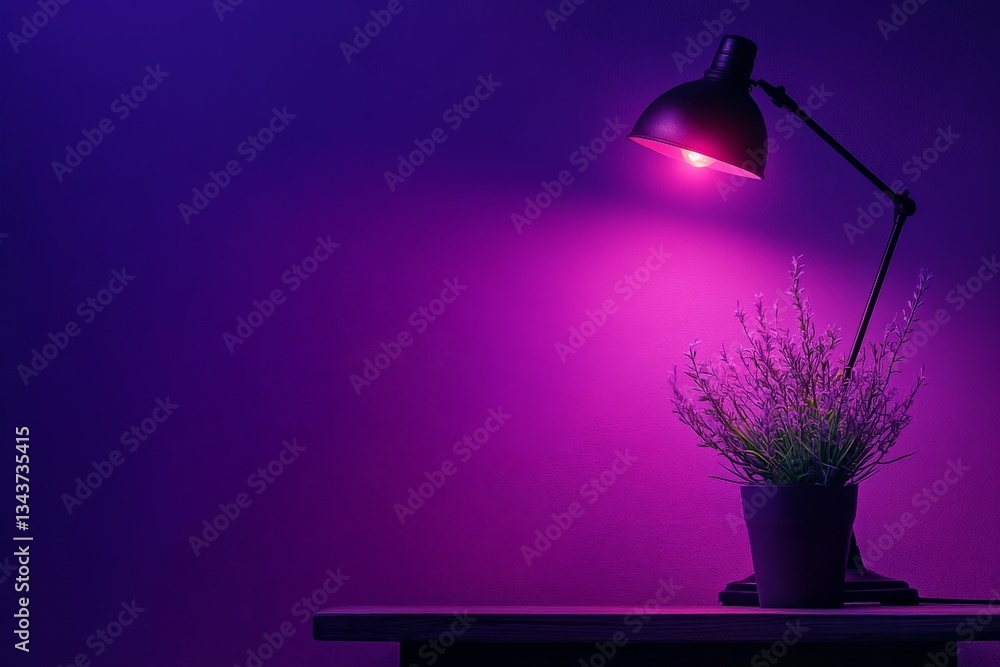 Poster soft purple light illuminates a plant creating a serene workspace ambiance in a modern setting