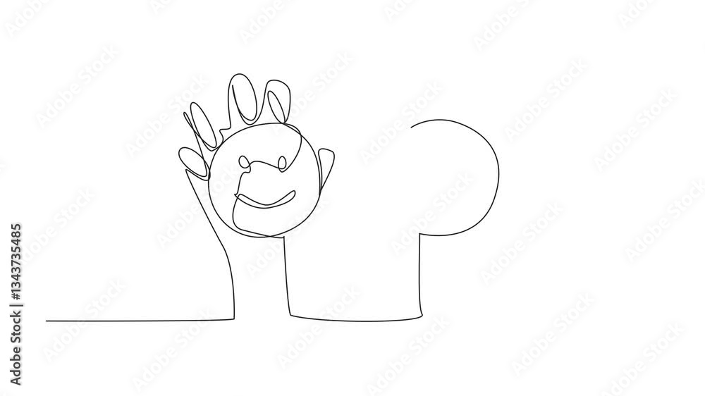 Poster self drawing animation of single one line drawing two hands hold smile and frown emoticons. combinat