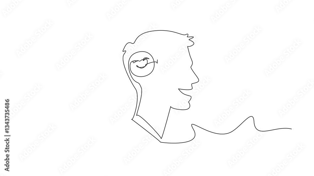 Poster animated self drawing of single continuous line drawing a head containing smile and gloomy emoticons