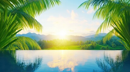 Obraz premium Tropical Paradise Horizon: A stunning horizon view, framed by lush palm leaves, and the sun's radiant reflection on the calm surface of an infinite pool.